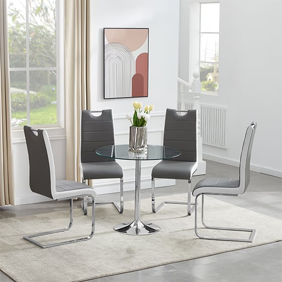 Danville Round Glass Dining Table With 4 Petersburg Grey White Chairs