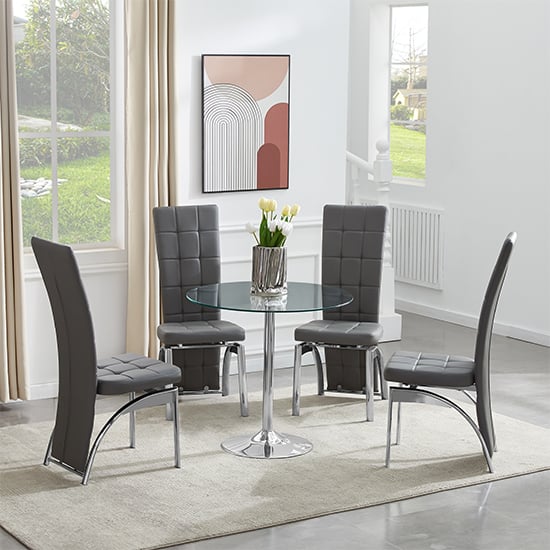 Danville Round Glass Dining Table With 4 Riverton Grey Chairs