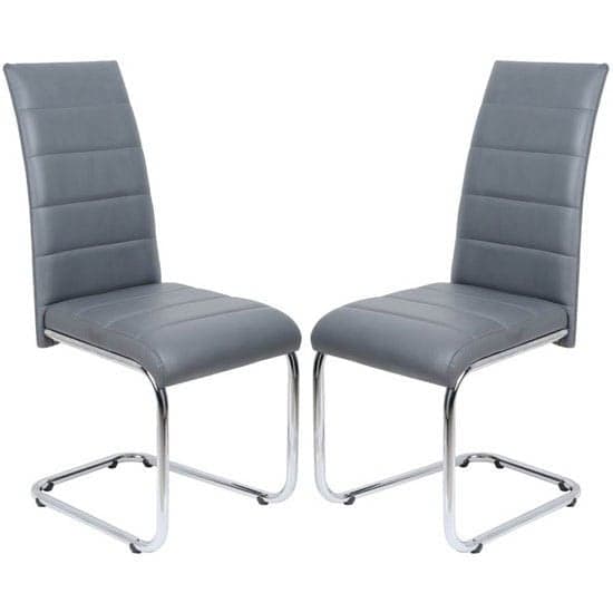 Dauphin Grey Faux Leather Dining Chairs With Chrome Legs In Pair