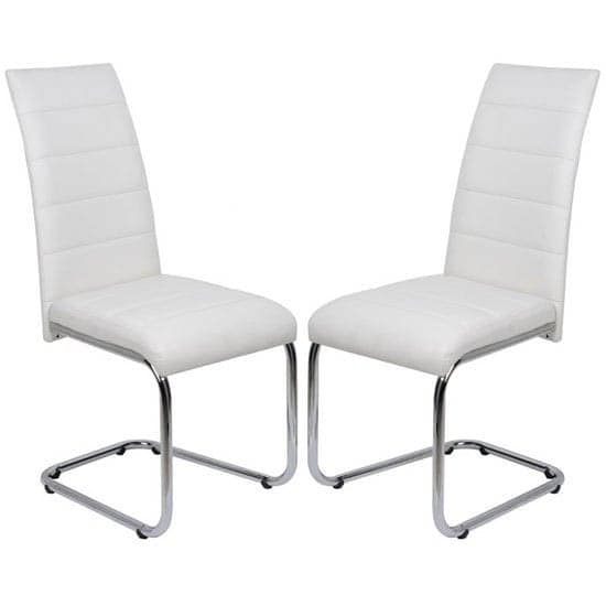 Dauphin White Faux Leather Dining Chairs With Chrome Legs In Pair