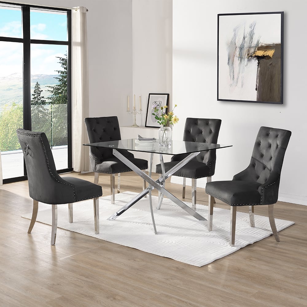 Denton Large Clear Glass Dining Table 4 Irvine Black Chairs