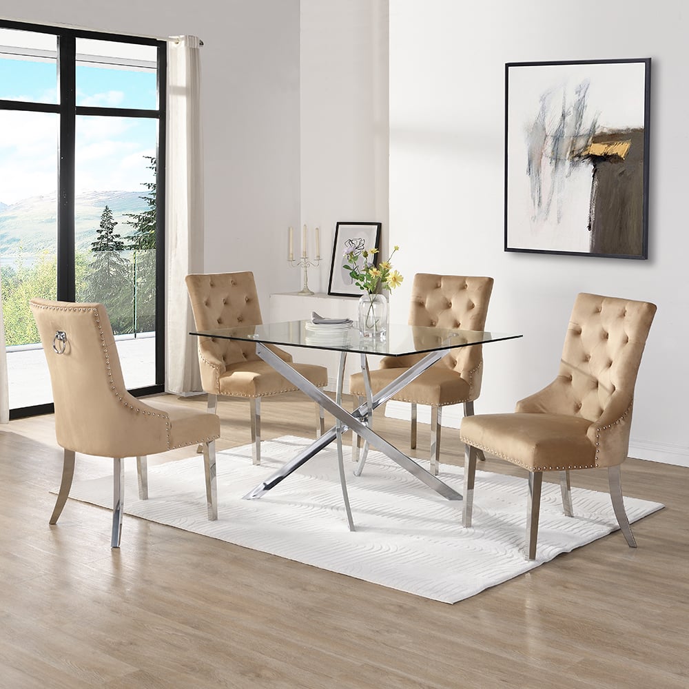 Denton Large Clear Glass Dining Table 4 Irvine Champagne Chairs