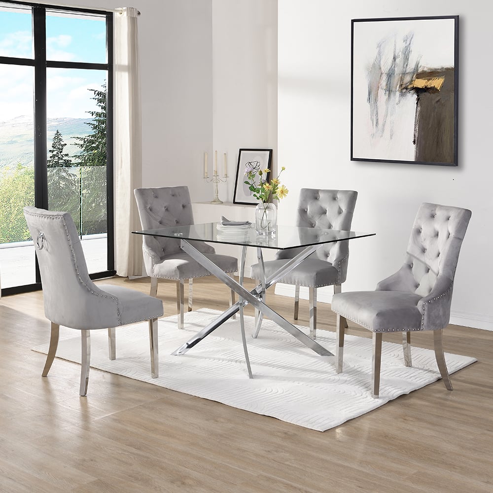 Denton Large Clear Glass Dining Table 4 Irvine Grey Chairs