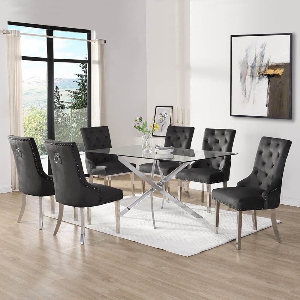 Denton Large Clear Glass Dining Table 6 Irvine Black Chairs