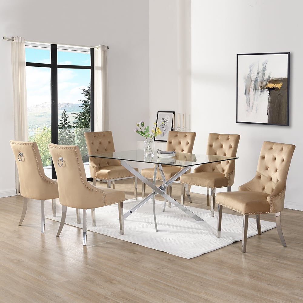 Denton Large Clear Glass Dining Table 6 Irvine Champagne Chairs