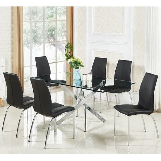 Denton Large Clear Glass Dining Table With 6 Opelika Black Chairs