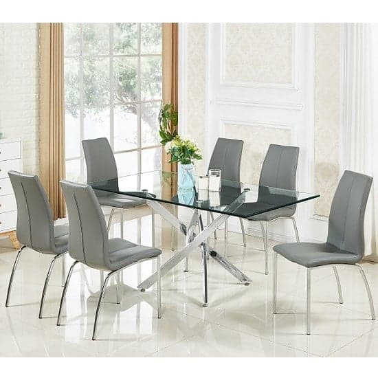 Denton Large Clear Glass Dining Table With 6 Opelika Grey Chairs