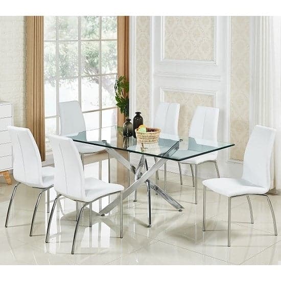 Denton Large Clear Glass Dining Table With 6 Opelika White Chairs