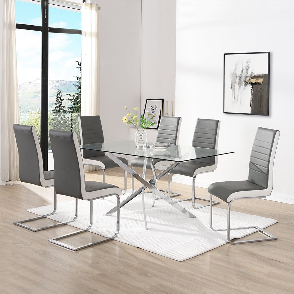 Denton Large Glass Dining Table 6 Sylvania Grey White Chairs