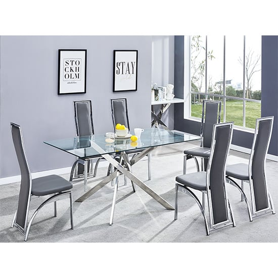 Denton Large Glass Dining Table With 6 Chickasha Grey Chairs