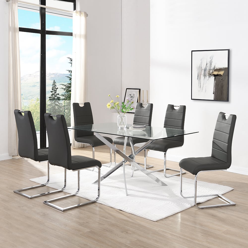 Denton Large Glass Dining Table With 6 Petersburg Black Chairs