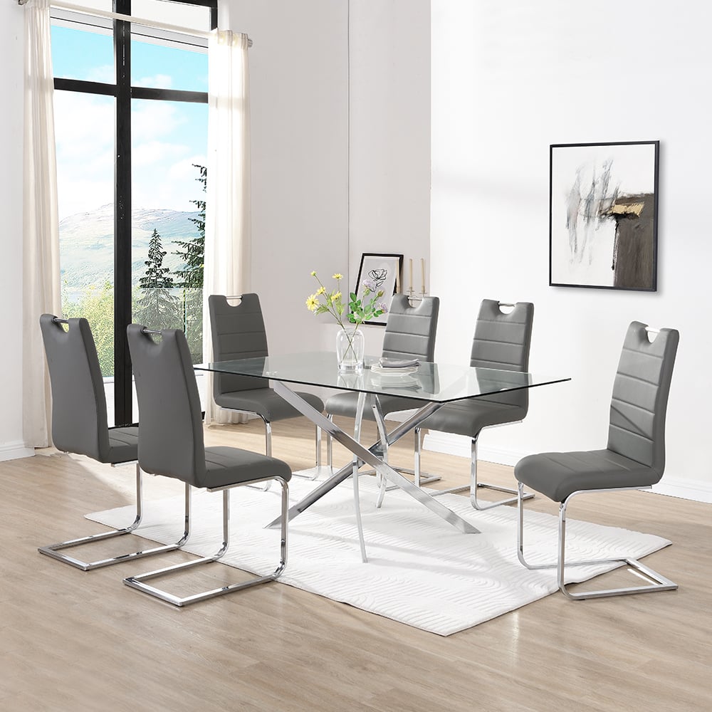 Denton Large Glass Dining Table With 6 Petersburg Grey Chairs