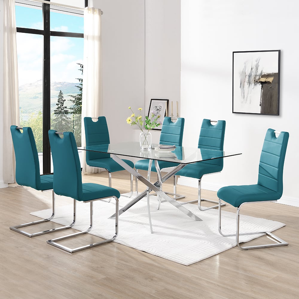 Denton Large Glass Dining Table With 6 Petersburg Teal Chairs