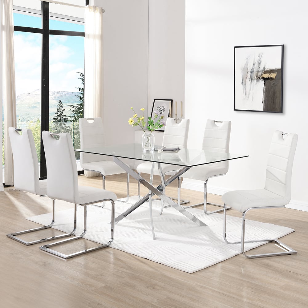 Denton Large Glass Dining Table With 6 Petersburg White Chairs