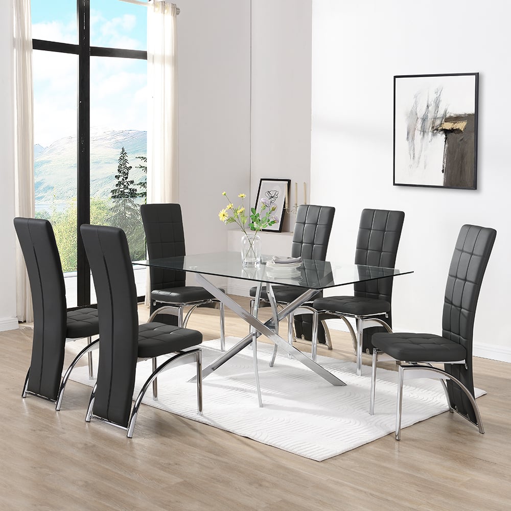 Denton Large Glass Dining Table With 6 Riverton Black Chairs