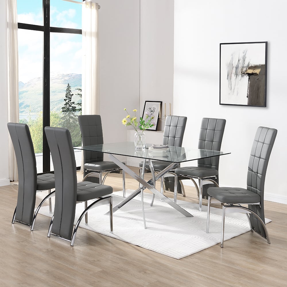 Denton Large Glass Dining Table With 6 Riverton Grey Chairs