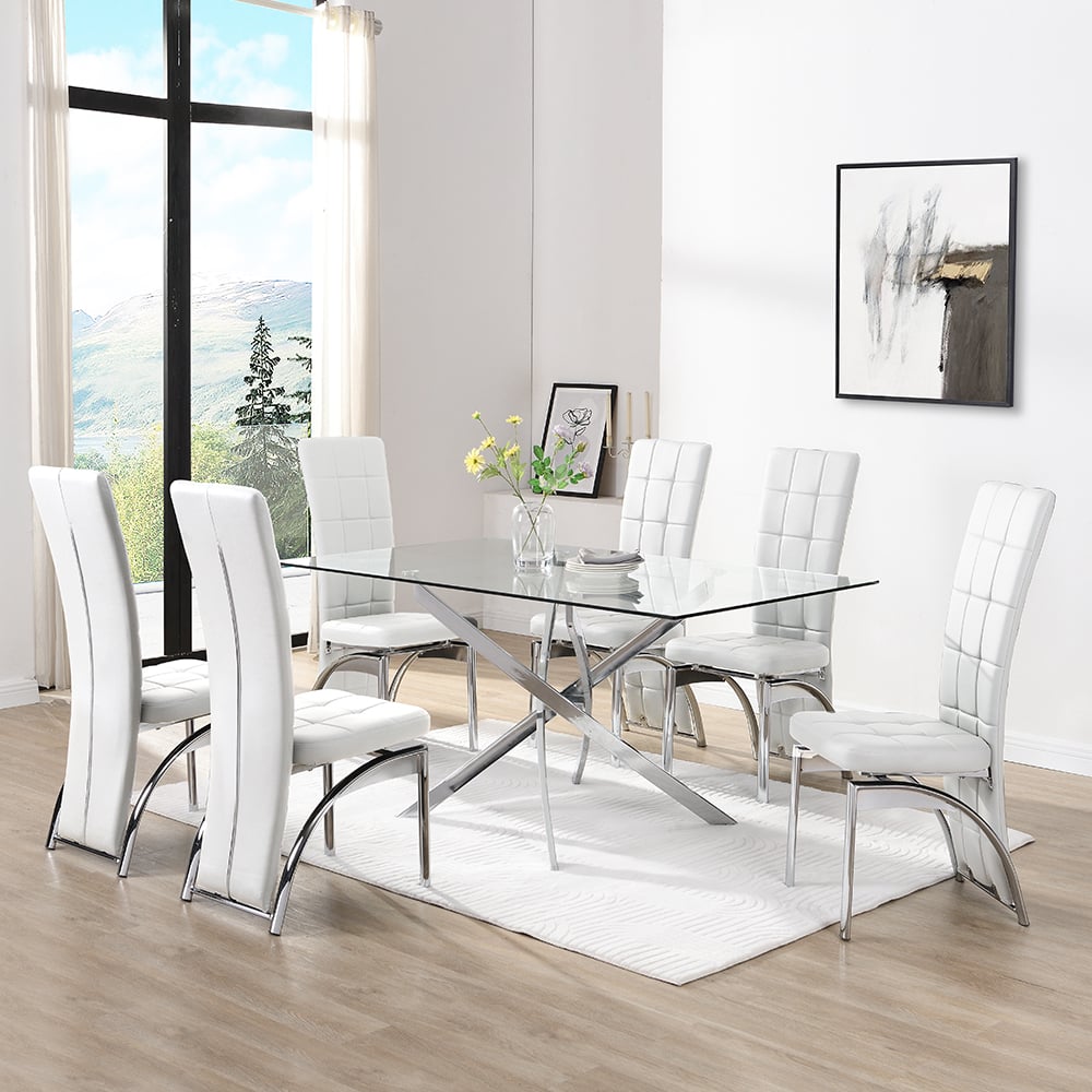 Denton Large Glass Dining Table With 6 Riverton White Chairs