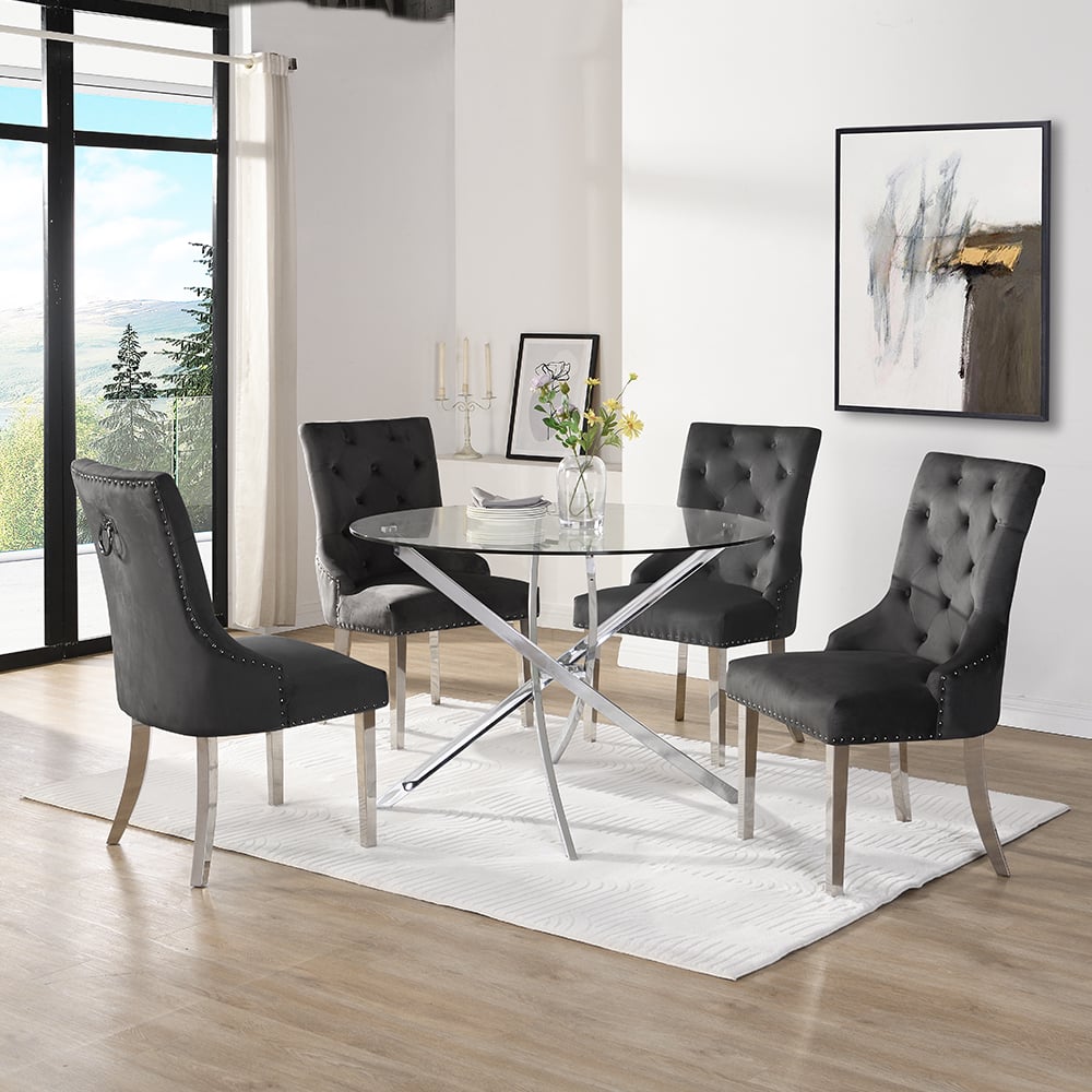 Denton Round Clear Glass Dining Table 4 Irvine Black Chairs