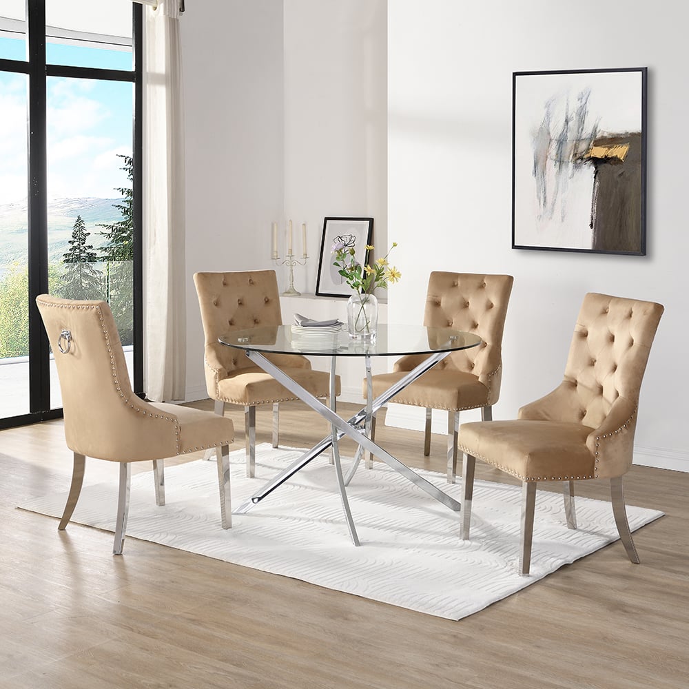 Denton Round Clear Glass Dining Table 4 Irvine Champagne Chairs