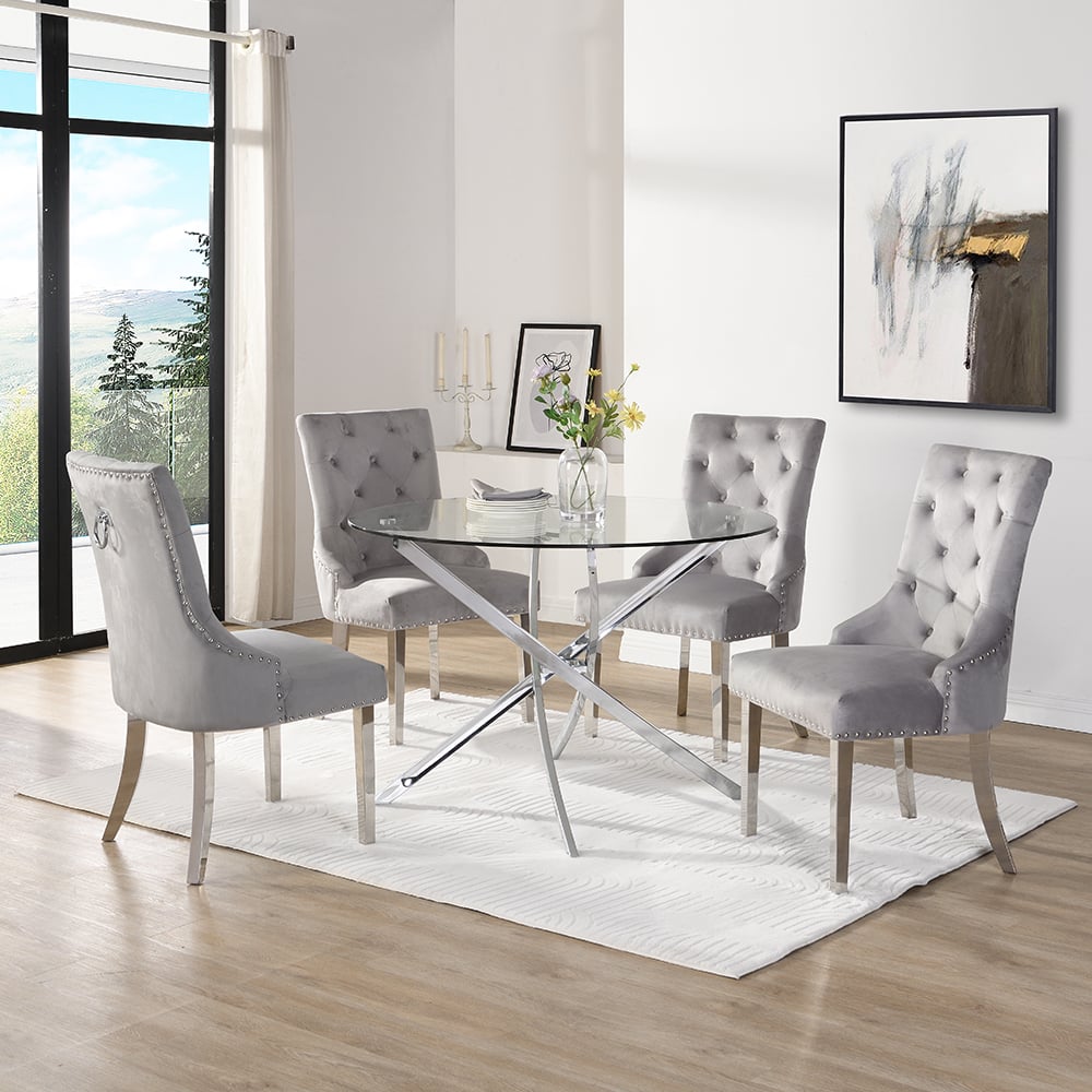 Denton Round Clear Glass Dining Table 4 Irvine Grey Chairs