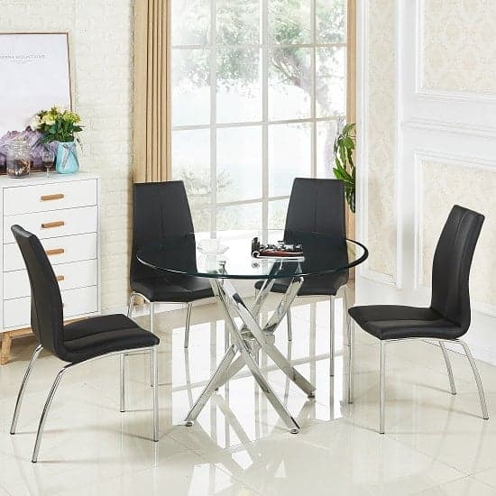 Denton Round Clear Glass Dining Table With 4 Opelika Black Chairs