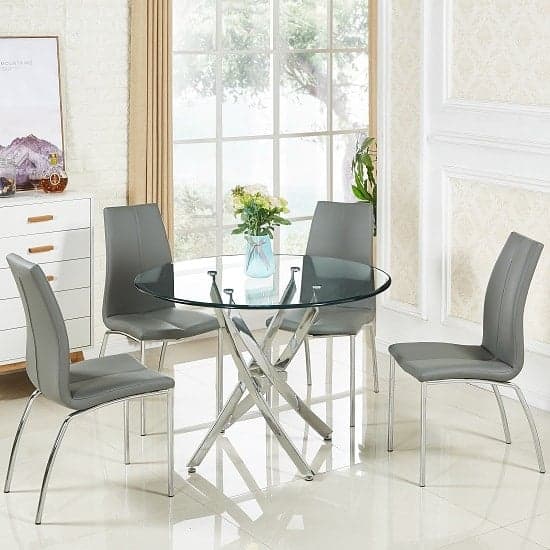 Denton Round Clear Glass Dining Table With 4 Opelika Grey Chairs