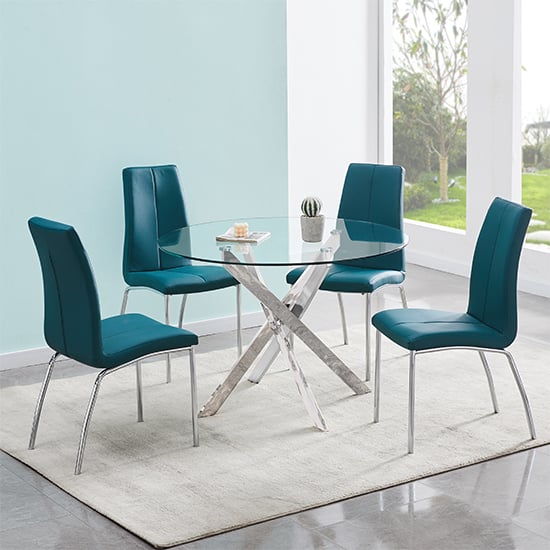 Denton Round Clear Glass Dining Table With 4 Opelika Teal Chairs