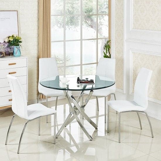 Denton Round Clear Glass Dining Table With 4 Opelika White Chairs