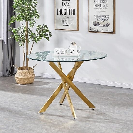 Denton Round Clear Glass Dining Table With Brushed Gold Legs