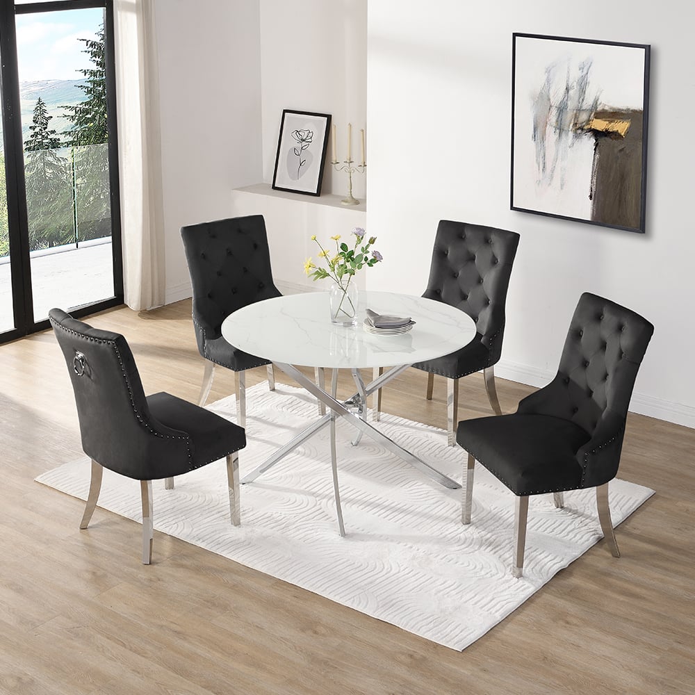 Denton Round Diva Glass Dining Table 4 Irvine Black Chairs