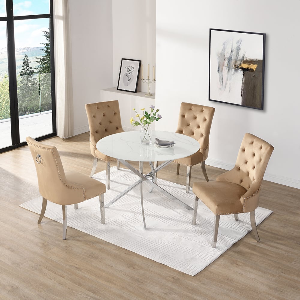 Denton Round Diva Glass Dining Table 4 Irvine Champagne Chairs