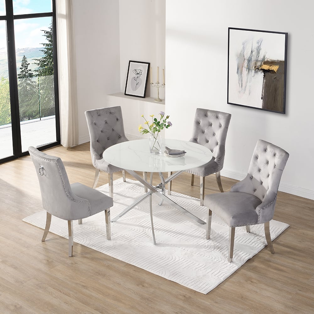 Denton Round Diva Glass Dining Table 4 Irvine Grey Chairs