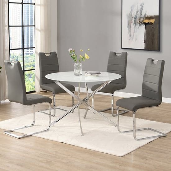 Denton Round Diva Glass Dining Table 4 Petersburg Grey Chairs