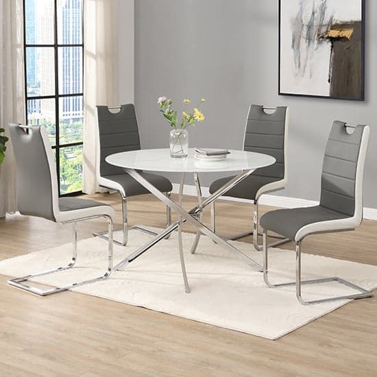 Denton Round Diva Glass Dining Table 4 Petersburg Grey White Chairs