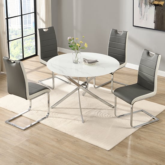 Denton Round Diva Glass Dining Table 4 Petersburg Grey White Chairs