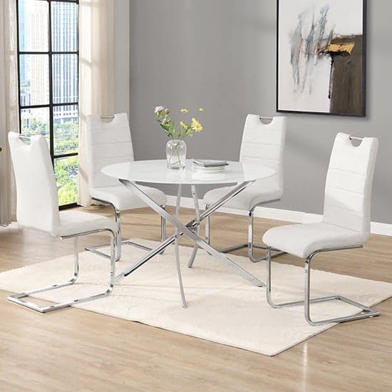 Denton Round Diva Glass Dining Table 4 Petersburg White Chairs