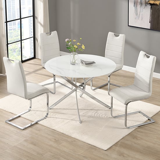 Denton Round Diva Glass Dining Table 4 Petersburg White Chairs