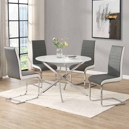 Denton Round Diva Glass Dining Table 4 Sylvania Grey White Chairs