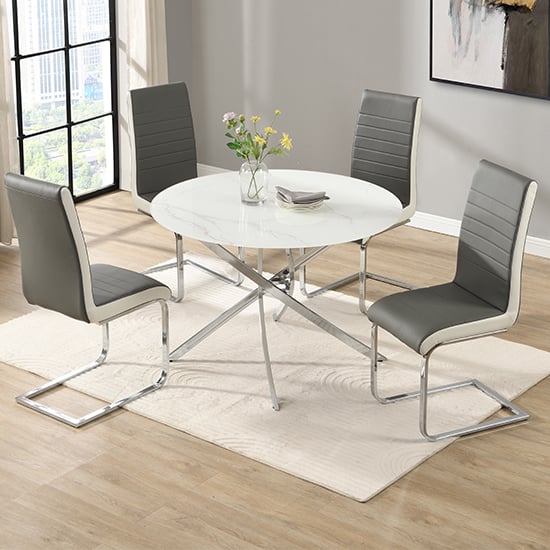 Denton Round Diva Glass Dining Table 4 Sylvania Grey White Chairs