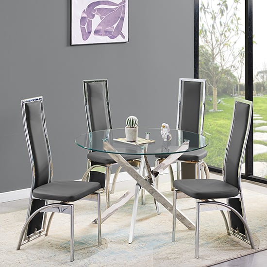 Denton Round Glass Dining Table With 4 Chickasha Black Chairs