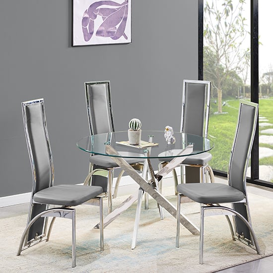 Denton Round Glass Dining Table With 4 Chickasha Grey Chairs