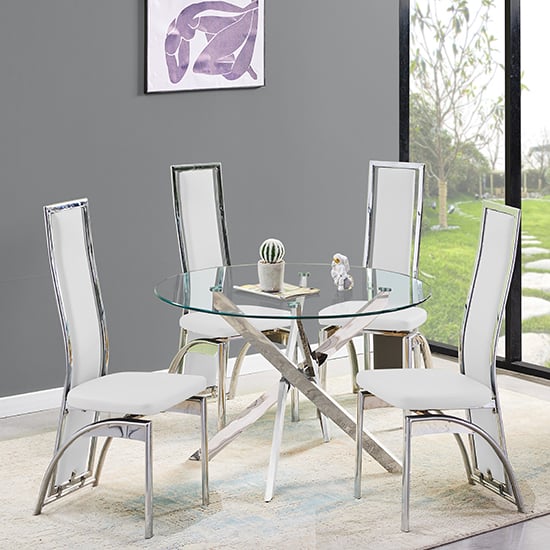 Denton Round Glass Dining Table With 4 Chickasha White Chairs