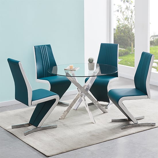 Denton Round Glass Dining Table With 4 Girona Teal White Chairs