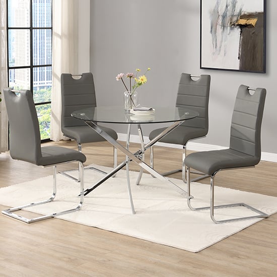 Denton Round Glass Dining Table With 4 Petersburg Grey Chairs