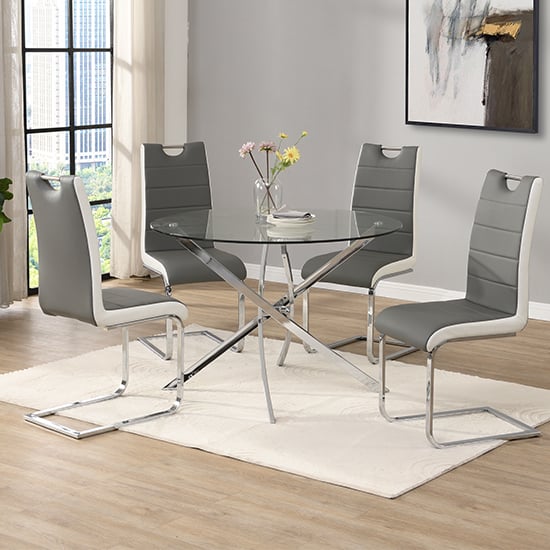 Denton Round Glass Dining Table With 4 Petersburg Grey White Chairs