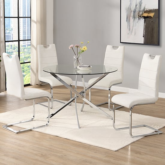 Denton Round Glass Dining Table With 4 Petersburg White Chairs