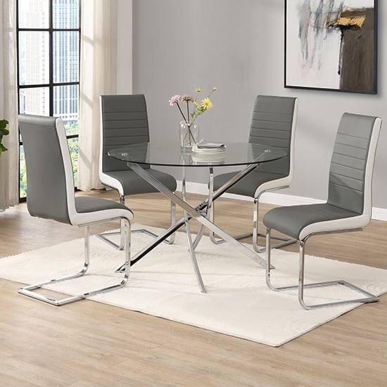 Denton Round Glass Dining Table With 4 Sylvania Grey White Chairs