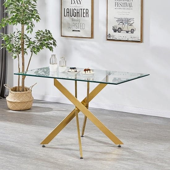 Denton Small Clear Glass Dining Table With Brushed Gold Legs