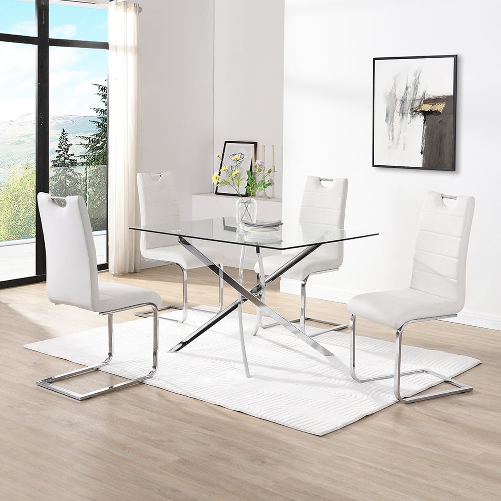 Denton Small Glass Dining Table With 4 Petersburg White Chairs