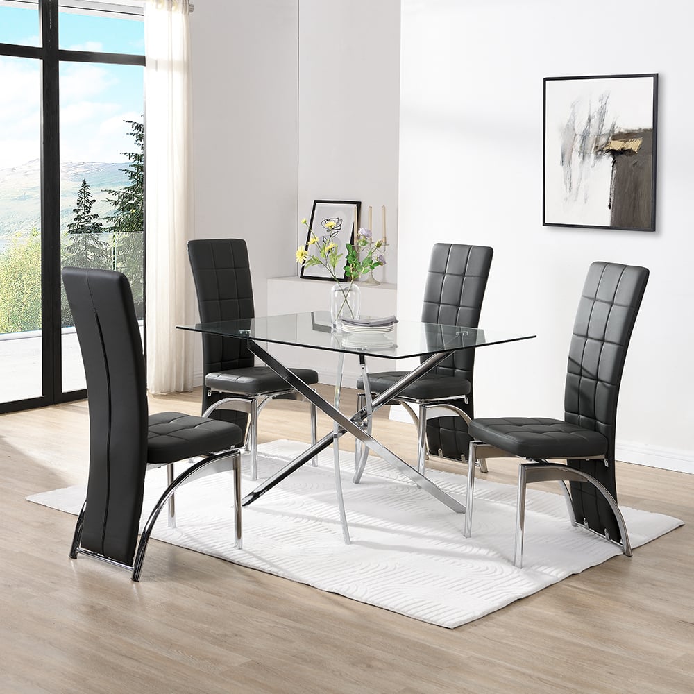 Denton Small Glass Dining Table With 4 Riverton Black Chairs